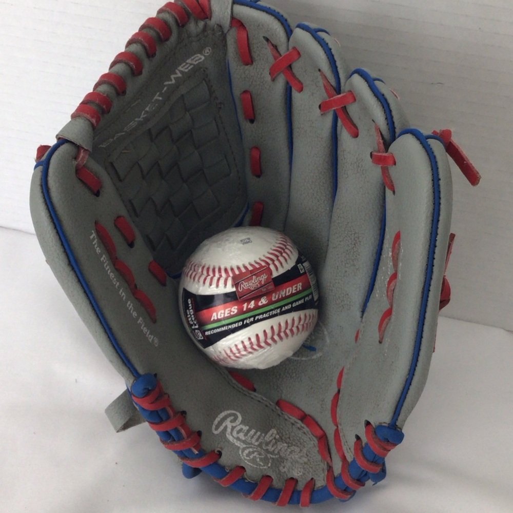 Rawlings Gray Baseball Glove with Red and Blue Lacing lefty & Rawlings softball
